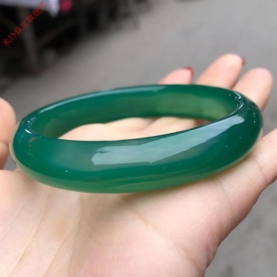 冰种玉石绿玉髓玛瑙手镯翡翠色扁条女时尚镯子配饰证书 61-62【图片