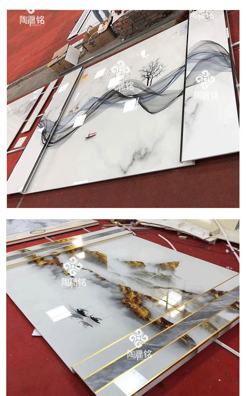 定制岩板大板电视背景墙简约客厅山水画护墙板立柱边框影视墙瓷砖定制