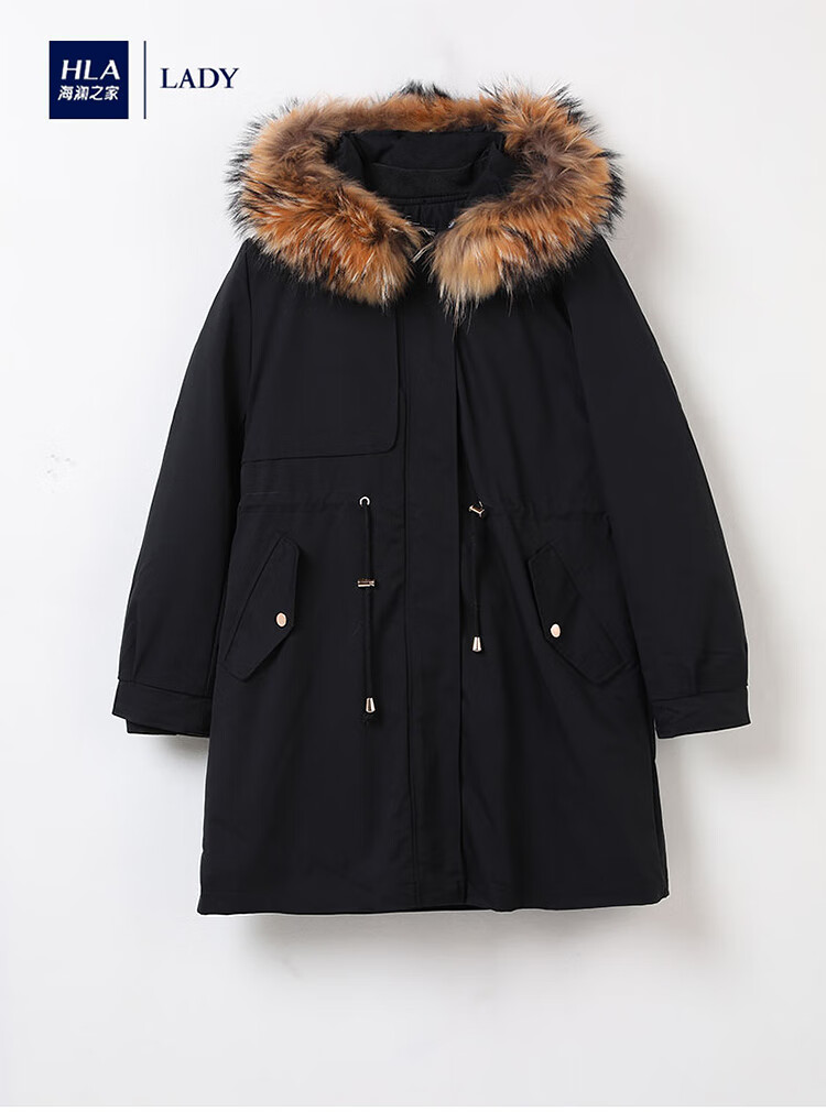 hla海澜之家中长款派克服连帽女2021新款冬季纯色毛领时尚宽松外套h
