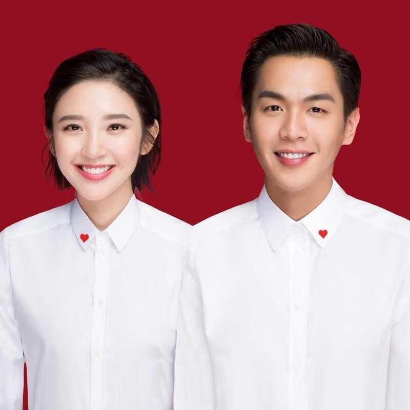 衬衫男女通用影楼拍照领证情侣装衬衣长袖证件照服 白色(红色领结款)