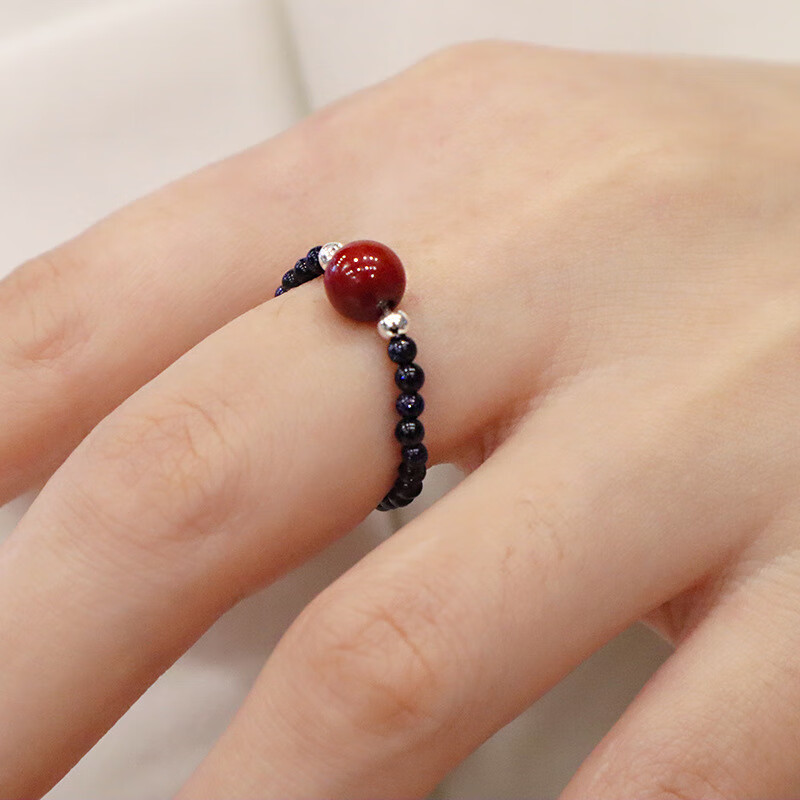 一生一世朱砂豆豆戒指新款手工编绳转运珠蓝砂石指环蓝砂石朱砂戒指