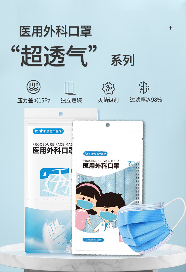 超透气】蓝禾医疗口罩医用外科口罩独立包装一次性医用口罩灭菌级挂耳