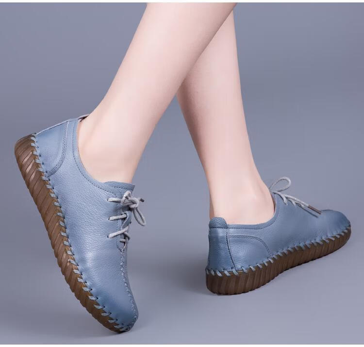 老妈鞋牛筋底女鞋春秋纯皮软底软面舒适单鞋轻便平底妈妈鞋米白色35