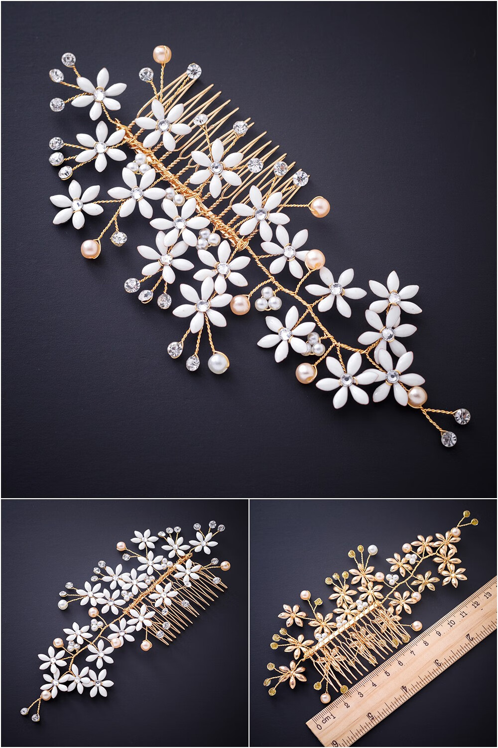 手工珠花发梳头饰结婚饰品新娘舞台宴会发饰金色叶子串珠头花 【款式