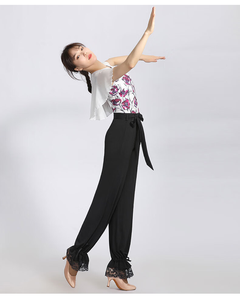 丹宝罗专业拉丁舞裤练功服缩口花边长裤交谊舞女裤成人国标舞裤子女