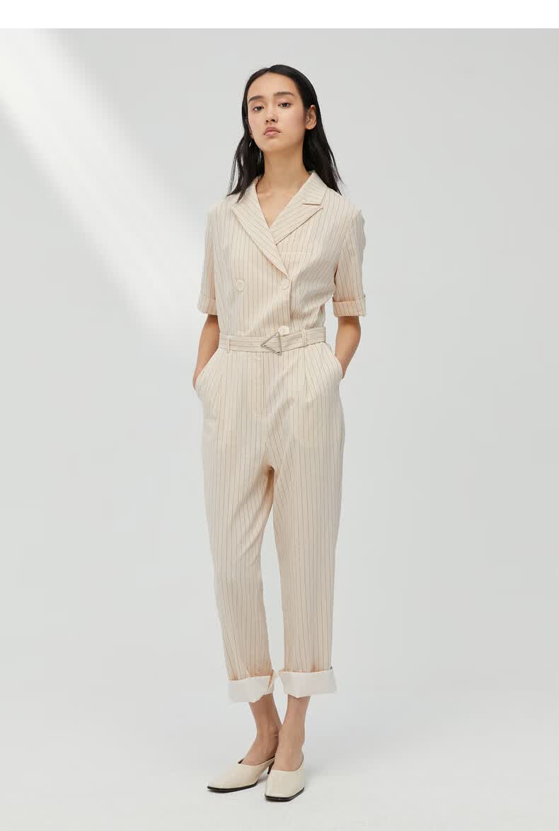 hs女装早秋新款米色条纹西装领简洁干练系带连体裤女红色s155