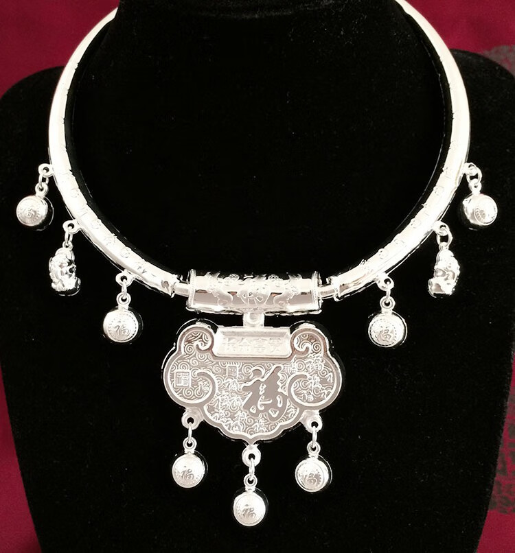 snqp_s银项圈银锁男女宝宝婴儿复古长命锁满月周岁银礼 53克活泼可爱