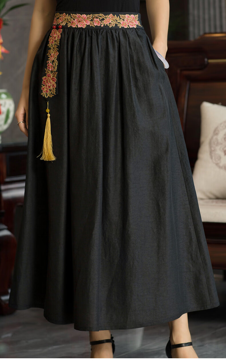 华族经典高端刺绣真丝香云纱黑色半身裙女a字显瘦遮胯