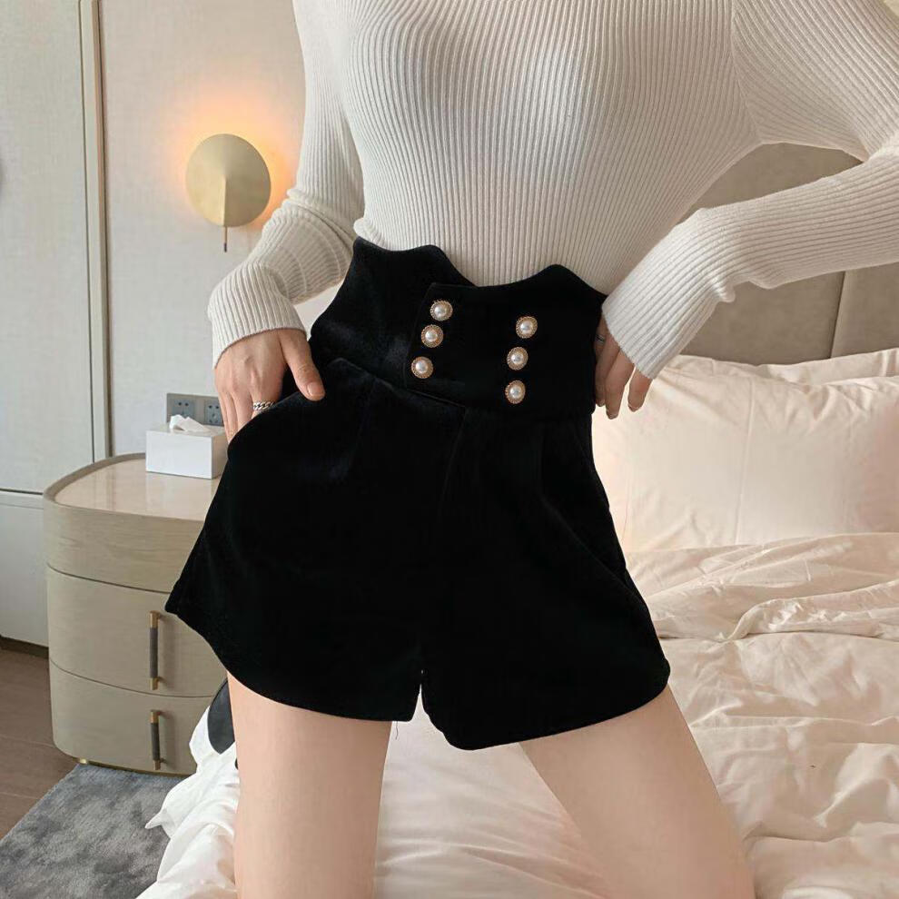 冬季新款黑色短裤外穿打底靴裤女高腰弹力阔腿休闲裤黑色s8095斤