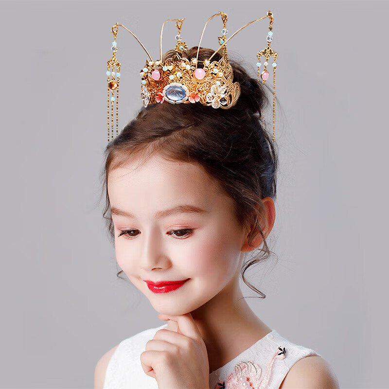 汉服头饰儿童女童发冠古风头冠古装发饰古代女孩皇冠国潮步摇凤冠
