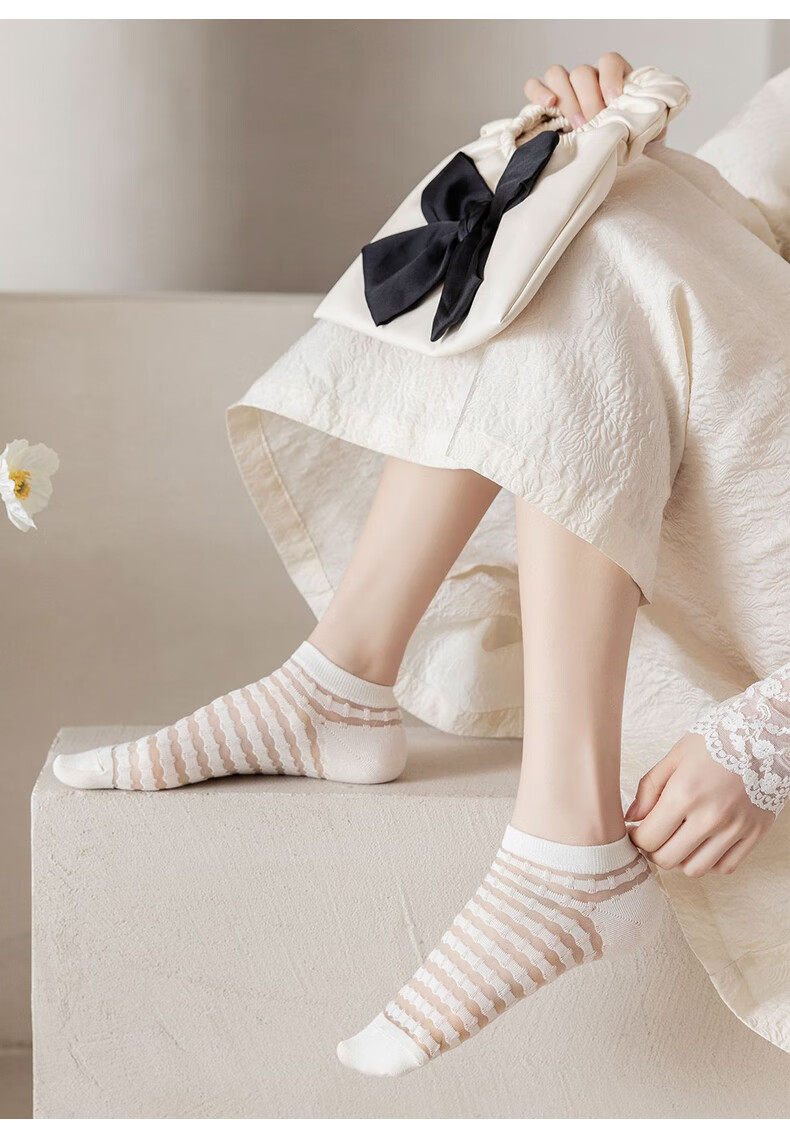 薄款白色透气卡丝水晶袜女生潮流夏天日系可爱短筒袜混色5双装均码