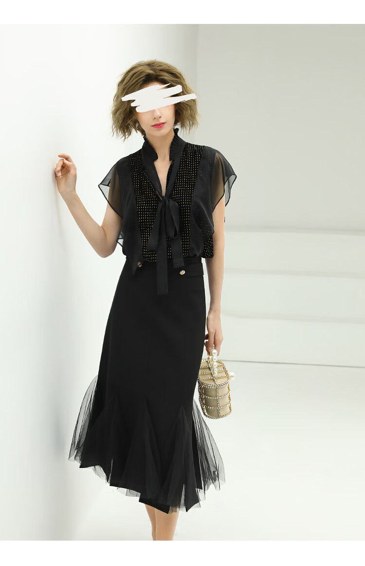 cocobella蝴蝶结飘带风琴领衬衫女夏优雅荷叶边气质上衣sr17黑色m