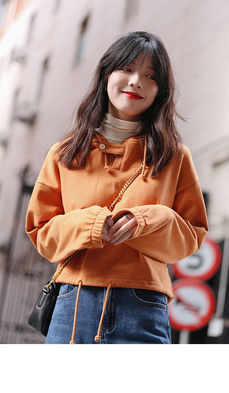 香缇莱橘色短款早秋宽松系带连帽卫衣女2021年新款秋冬带帽个性上衣外