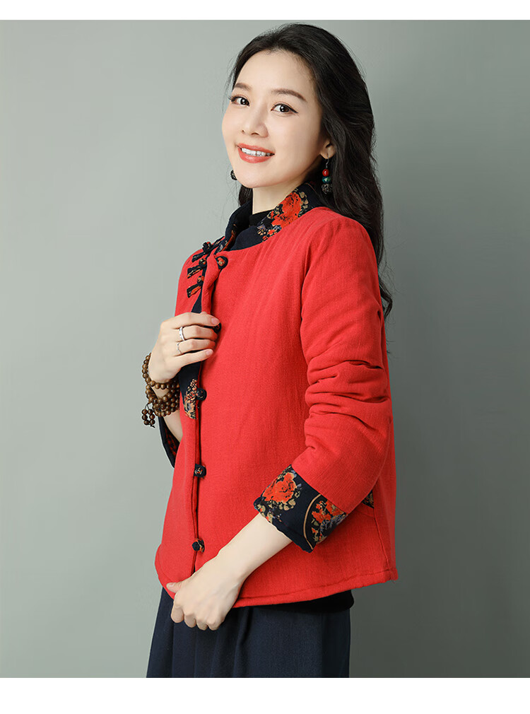 ぃ皮尔卡丹品牌高档女装棉服女冬季加厚复古盘扣棉麻唐装小棉袄女短款