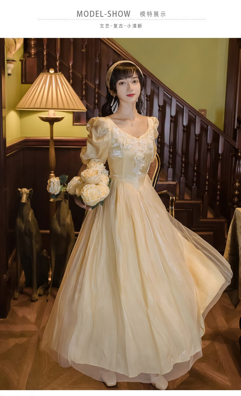 舒弗星旅游拍照穿的连衣裙季新款法式小众复古宫廷风网纱拼接连衣裙