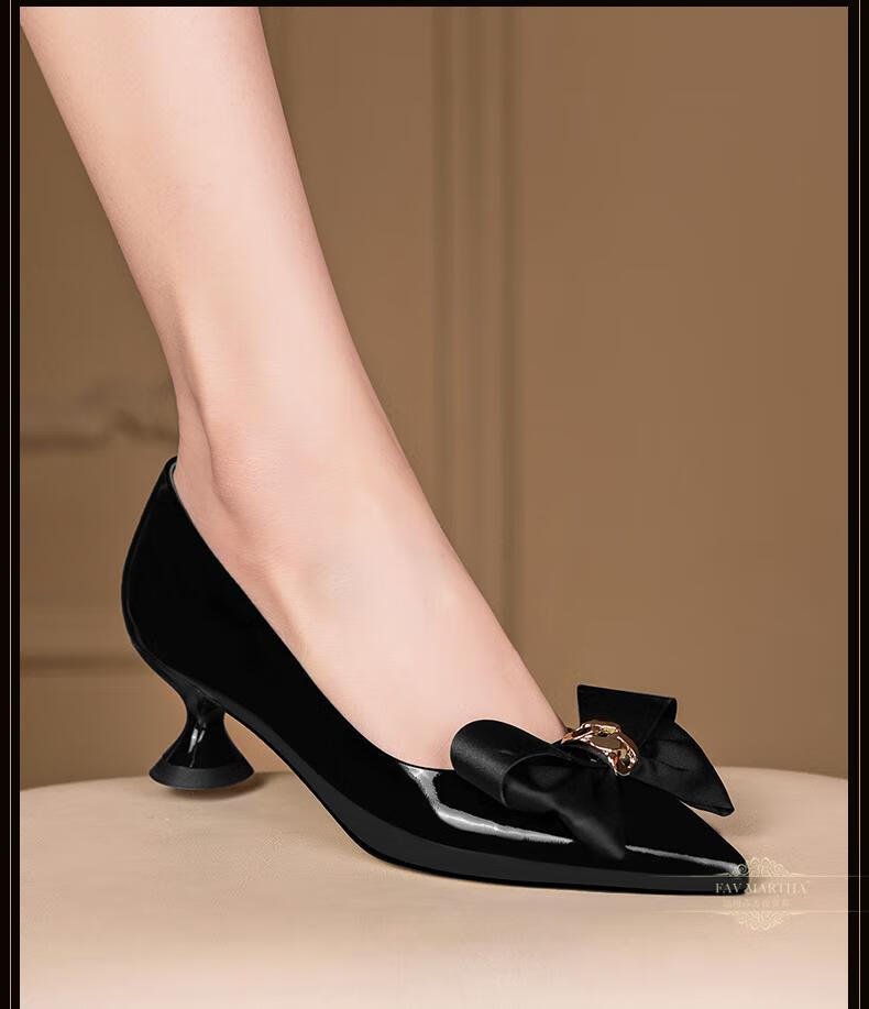 法玛莎品牌中跟浅口单鞋女2022春季新款蝴蝶结真皮女鞋优雅酒杯小跟