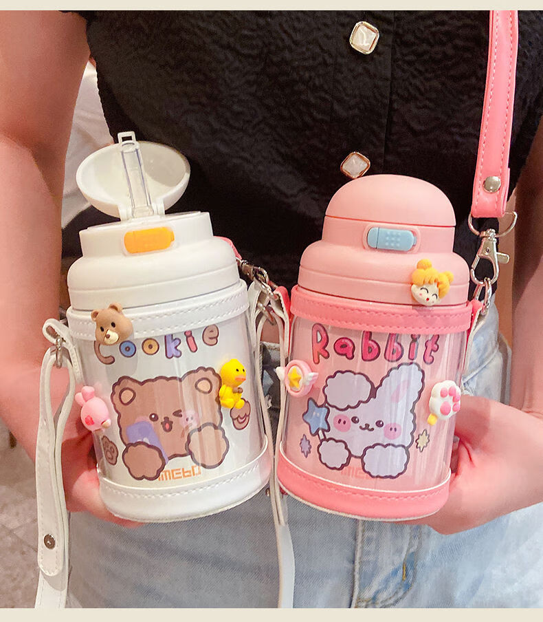 防摔大肚肚网红ins水杯吸管成人杯子女彩虹鸟简约白色420ml单杯贴纸