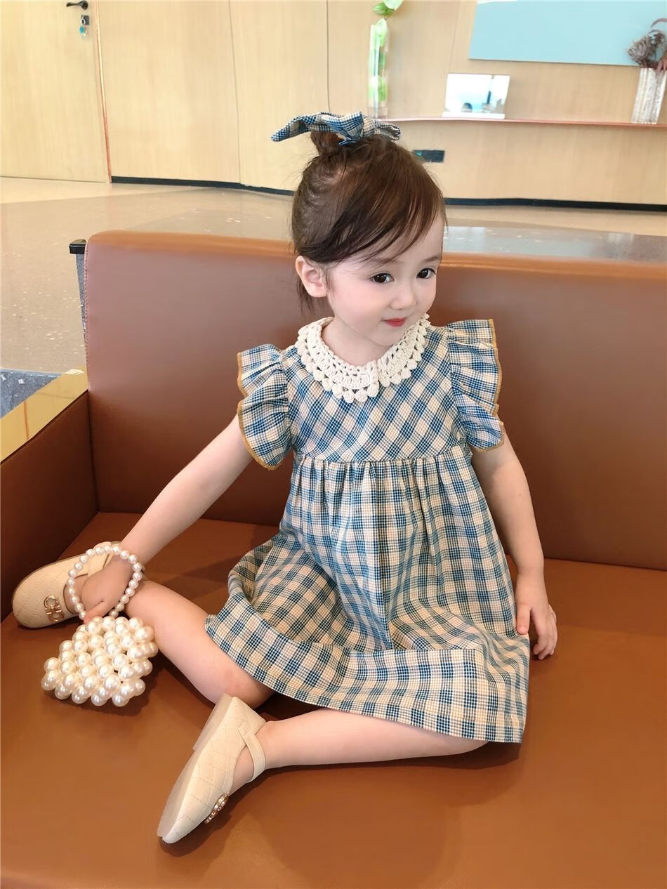 女童夏季连衣裙适合08岁小女孩子夏天穿的格子裙子洋气女宝宝蕾丝棉绸