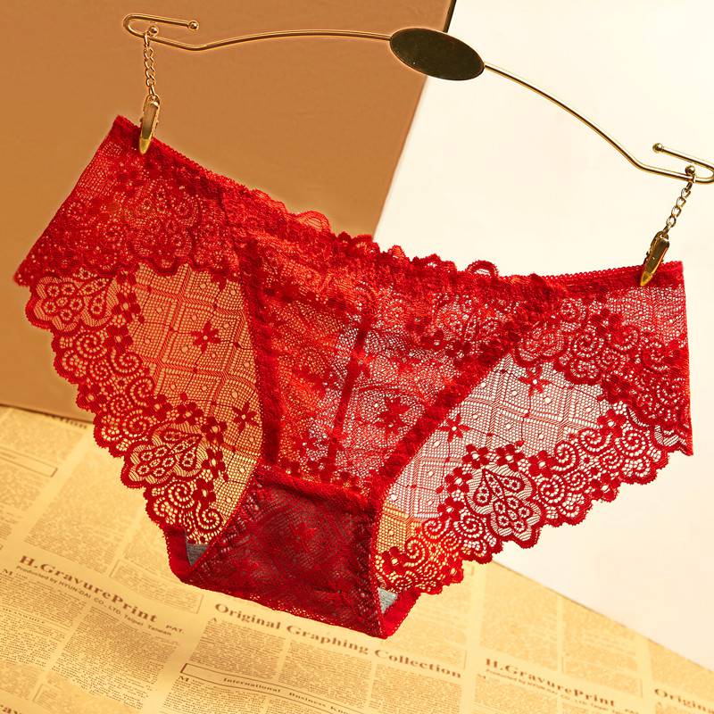 浪莎女式内裤透明蕾丝网纱低腰棉裆三角裤火辣镂空大红色本命年女士