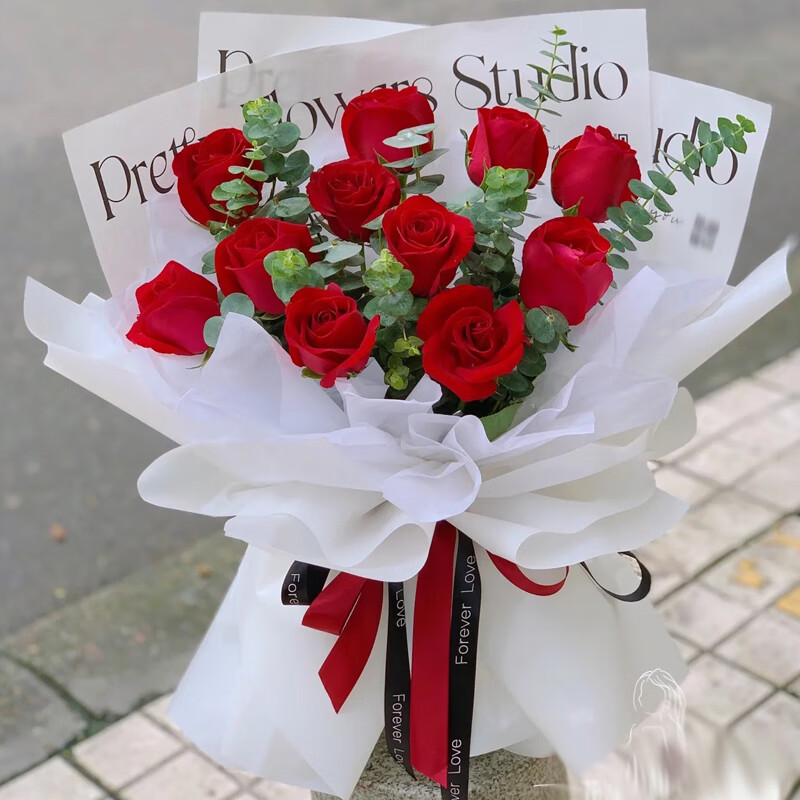 九多花 11支红玫香槟玫瑰混合韩式花束鲜花速递生日送女友男友北京