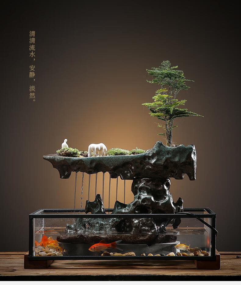 假山流水喷泉摆件办公室中式景观招财风水轮转运生财鱼缸开业礼品荷花