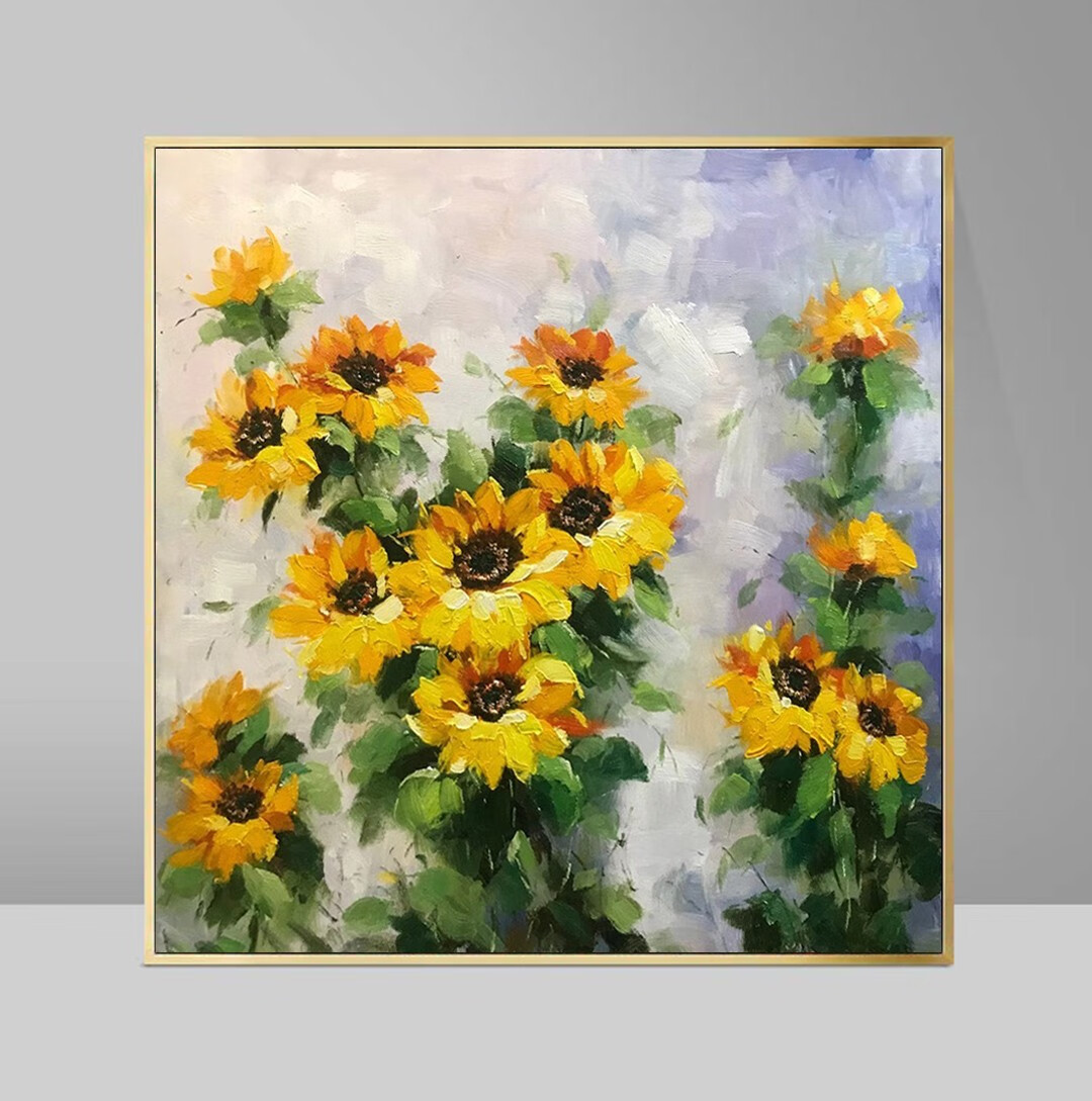 旭泽 纯手绘油画定制现代正方形立体装饰画厚油彩餐厅向日葵田园风景