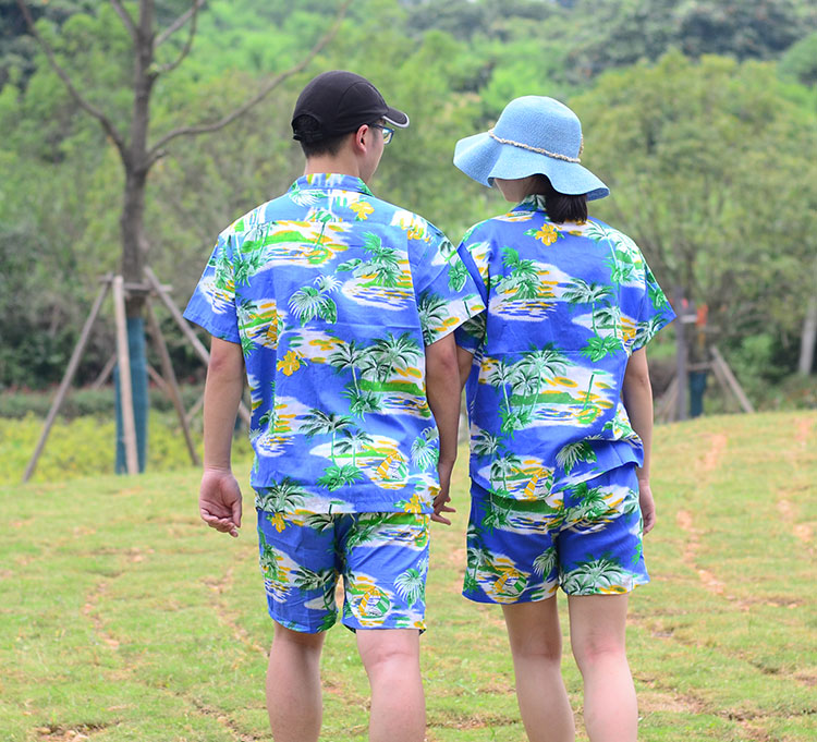 海南岛服沙滩衬衫男夏威夷衬衣服男套装三亚海边度假印花女大码情侣