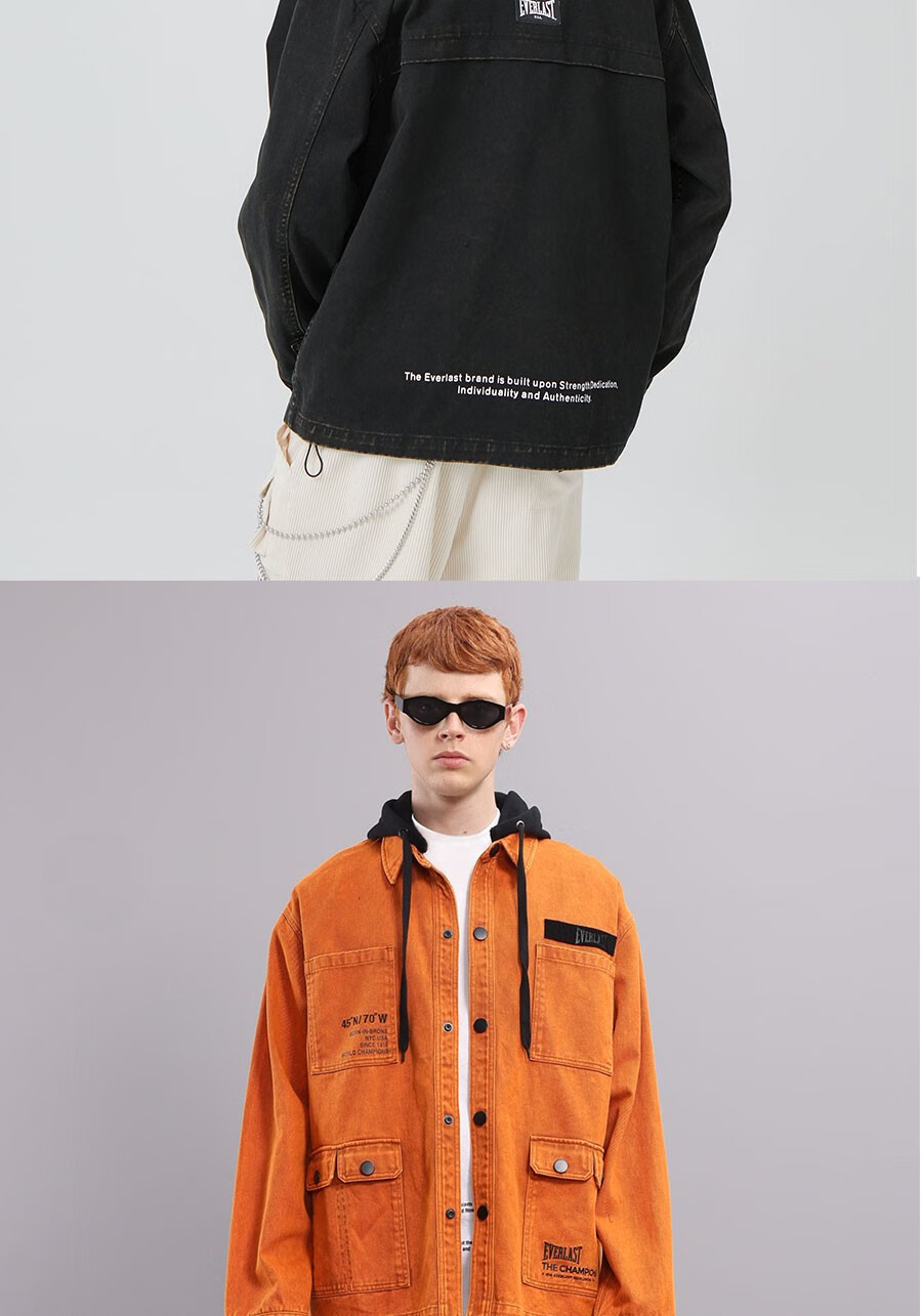 everlast拳击服时尚休闲牛仔外套秋冬新款带帽褂子户外潮流服装橙色xl