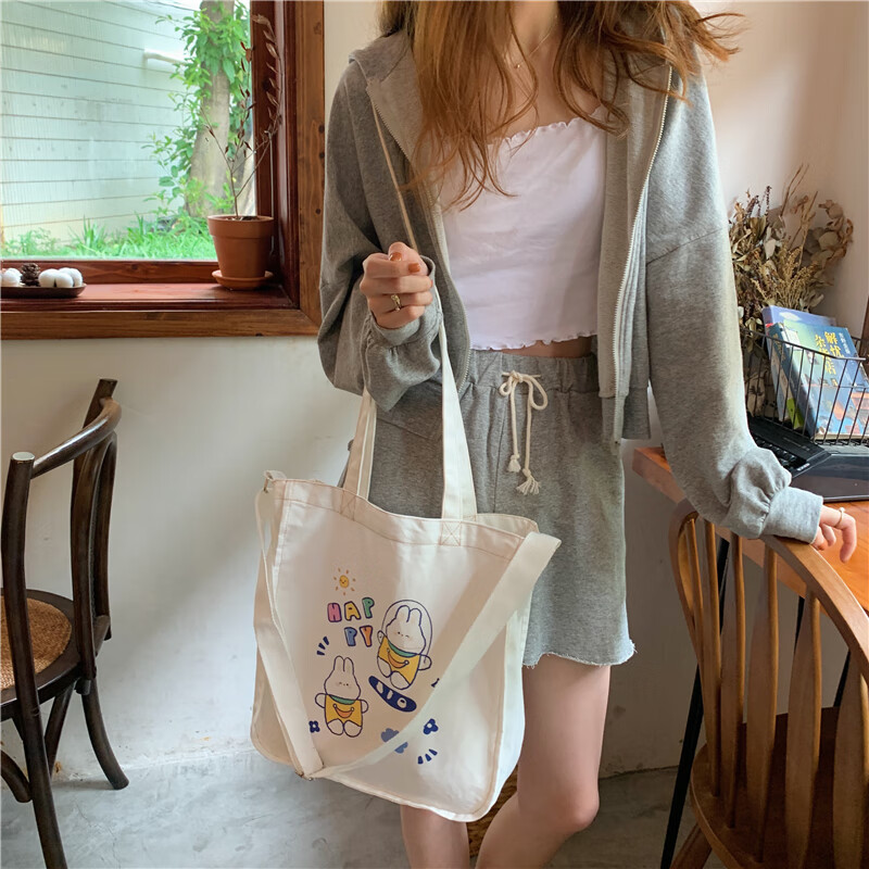 可爱卡通熊兔子印花帆布包ins少女学生百搭环保购物袋手提小布袋定制