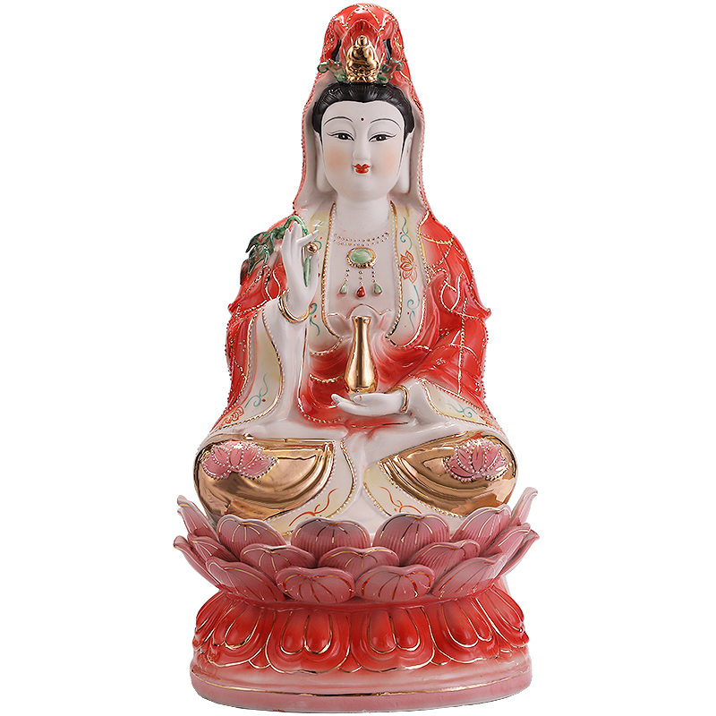 陶瓷观音佛像 红衣南海观音菩萨佛像家用陶瓷供奉 黄衣坐莲观世音 旗