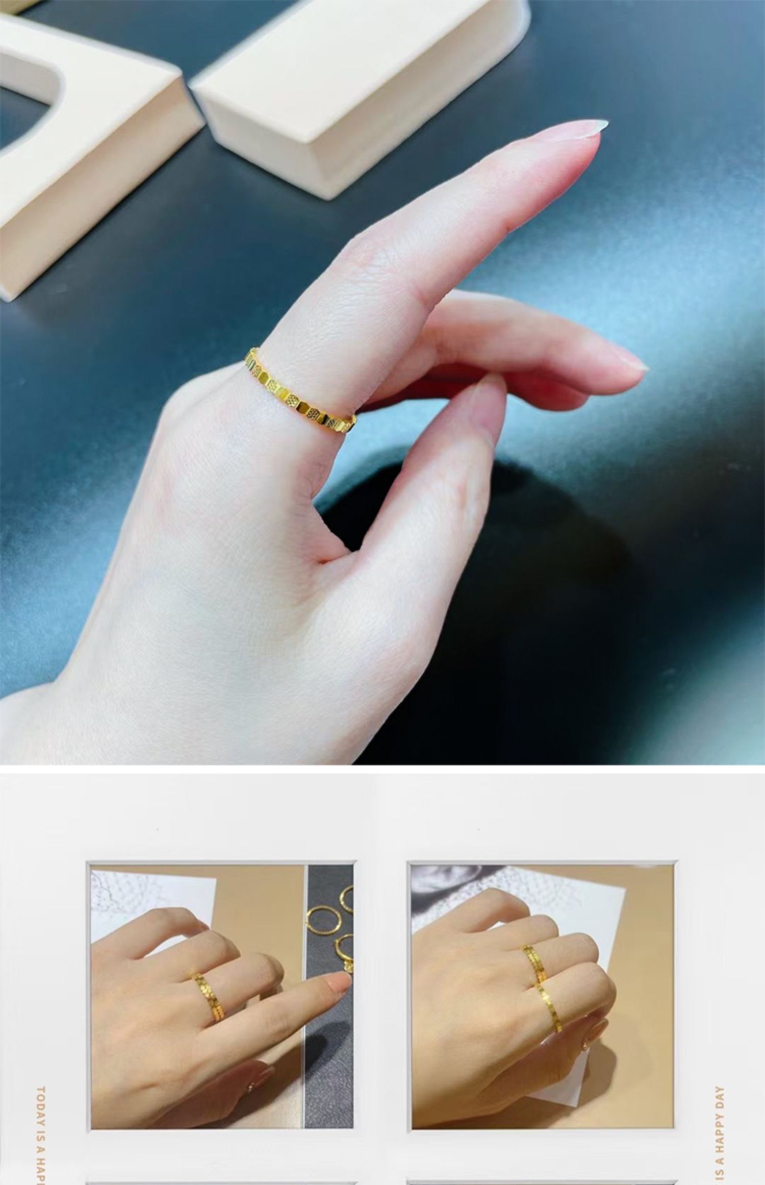 hyever5g黄金蜂巢戒指999足金指环戒子素圈几何六角形叠戴细戒指 蜂巢