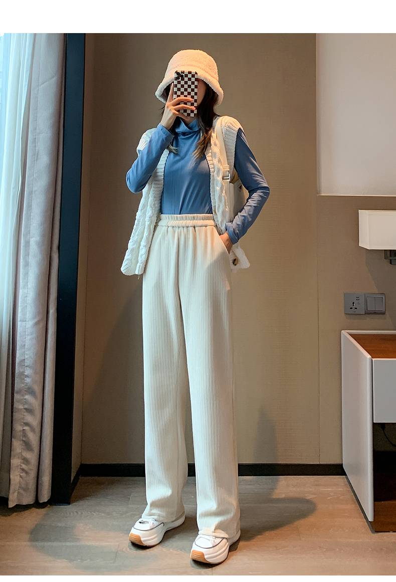 新款休闲加绒裤高腰直筒雪尼尔宽腿裤垂感潮裤冬季库子女士杏色加绒xl