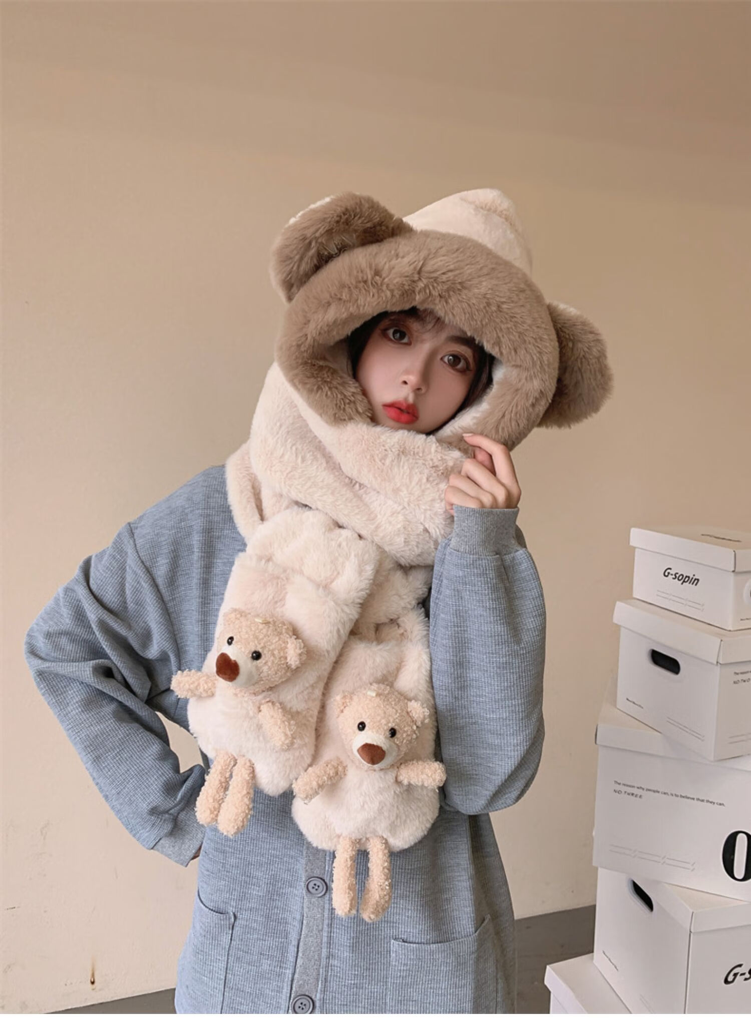 法国naixiao轻奢品牌帽子围巾一体女冬天保暖毛绒甜美可爱小熊耳朵连