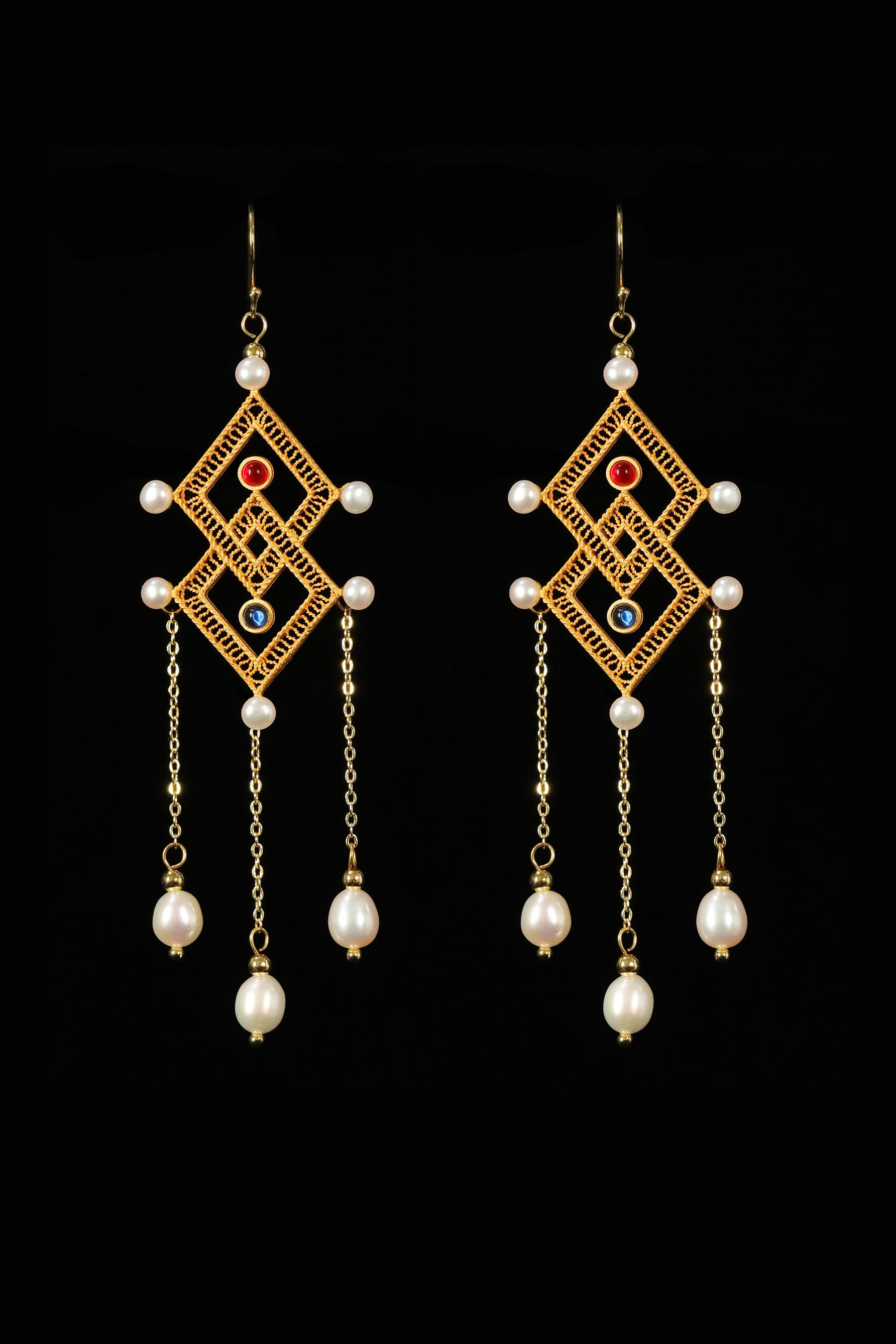 御宝司花丝镶嵌方胜纹耳环耳坠耳夹汉服古风百搭复古珍珠宝石首饰 18k