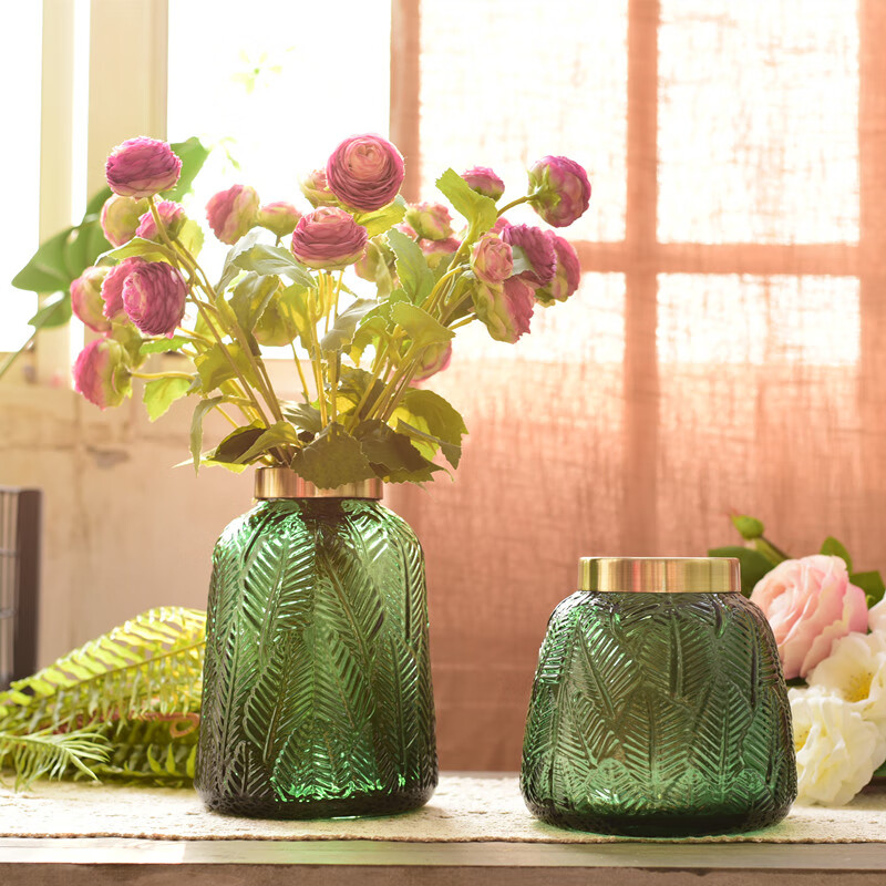 田园轻奢玻璃花瓶摆件客厅插花瓶创意家居装饰品餐桌花器摆花摆设绿色
