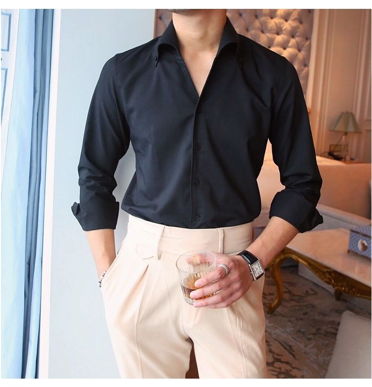 行越法式衬衫男新品意式温莎一片领立体大尖领修身长袖衬衫男白衬衣