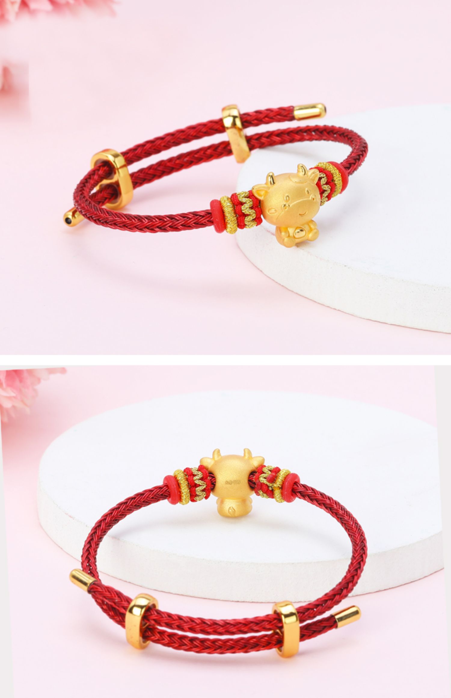 黄金转运珠生肖牛硬金福小牛999足金小金牛本命年情侣款红绳手链福