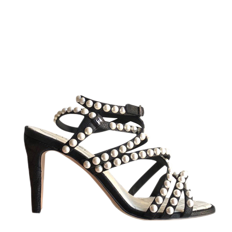 香奈儿chanel重工珍珠款高跟鞋时尚气质百搭凉鞋女士s刻黑色系意码365