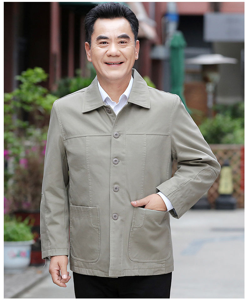 新品爸爸装套装中老年夹克男装春秋装全棉翻领加大版型男爷爷上衣吉诺
