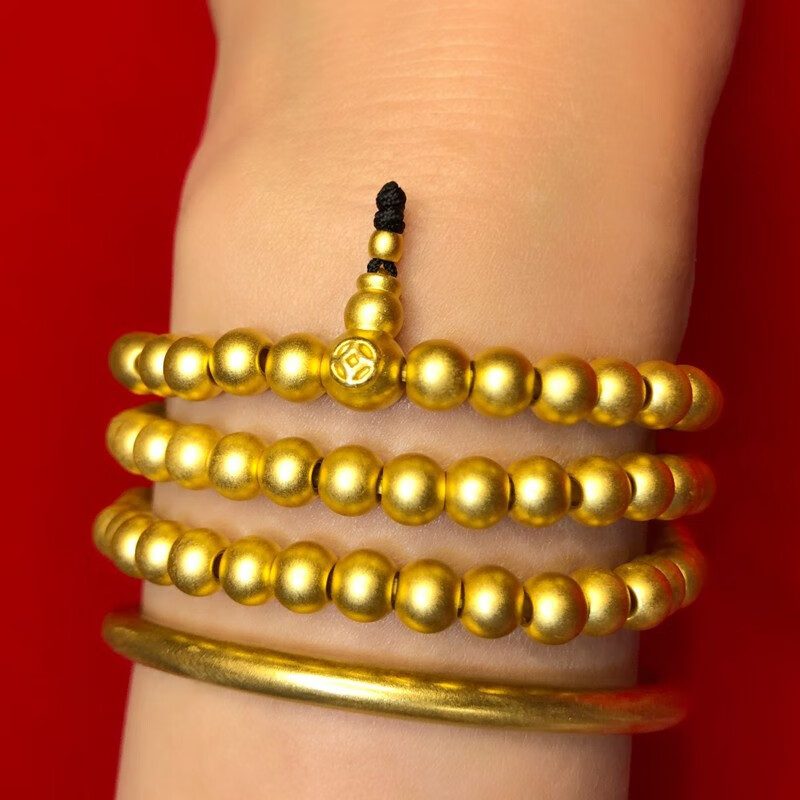 老凤凰黄金古法手链999足金3圈转运珠6mm金珠传承108佛珠路路通手串
