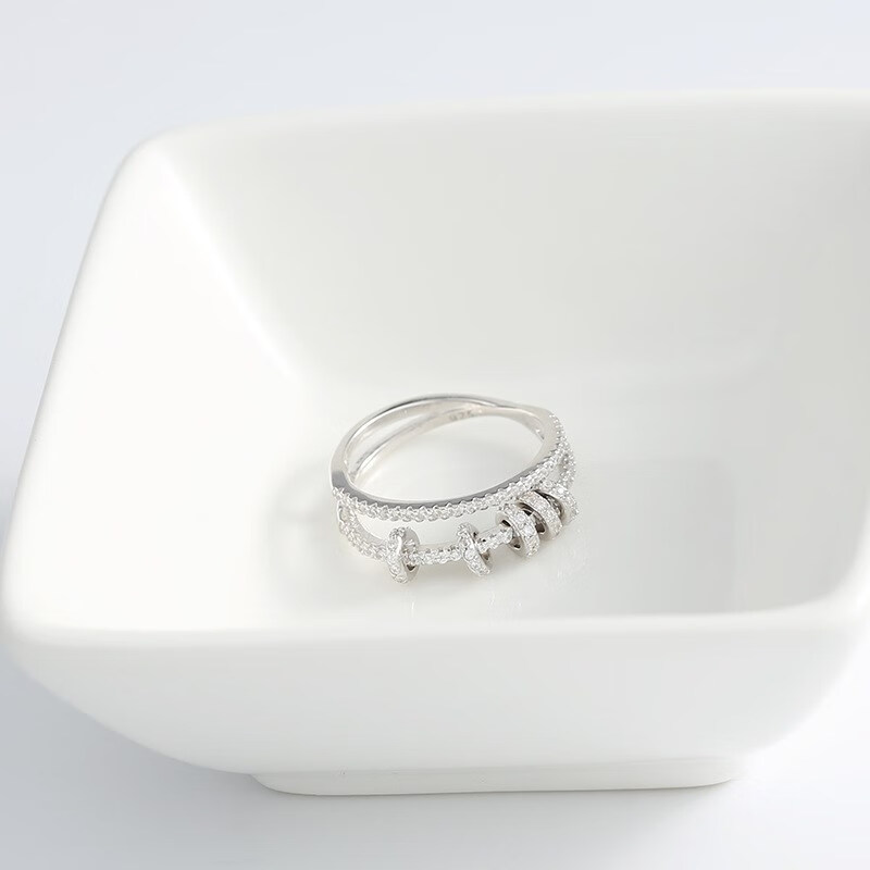 华花弥(huahuami)925银微镶锆石 双行灵动小圈戒指 设计感螺丝帽指环