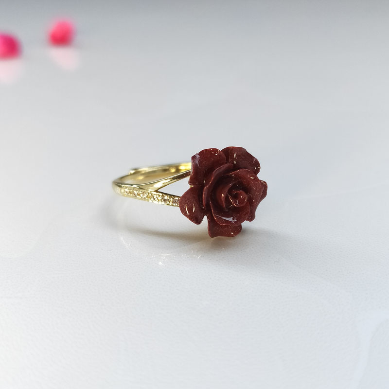 红玫瑰花朵戒指戴食指可调节铜镀金银开口高档指环 金色戒托【图片