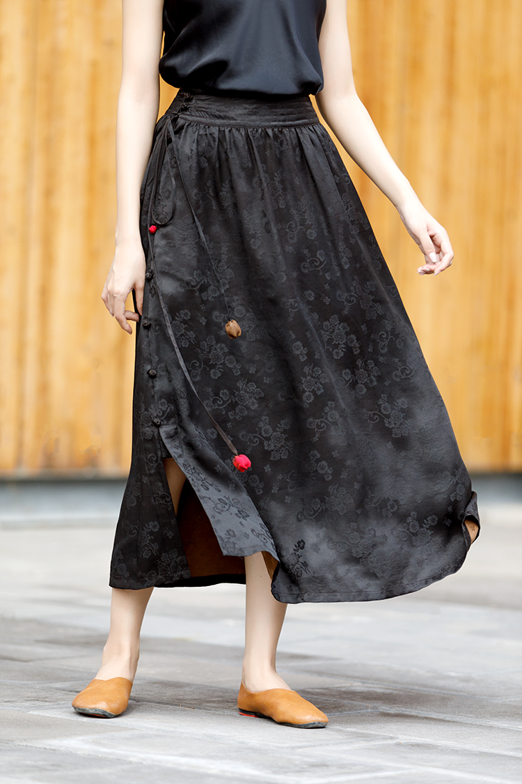 法士隆高档月照人重磅提花黑色真丝香云纱半身裙女中式飘逸a字长裙子