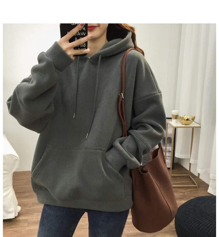 女毛毛秋冬款装少女生初高中加绒加厚毛呢连帽套头卫衣女外穿宽松外套