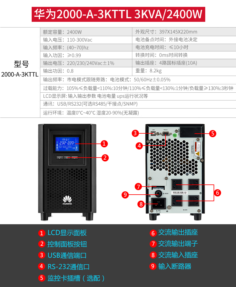 华为(huawei)ups不间断电源 ups2000-a-3kttl 3kva/2400w稳压输出