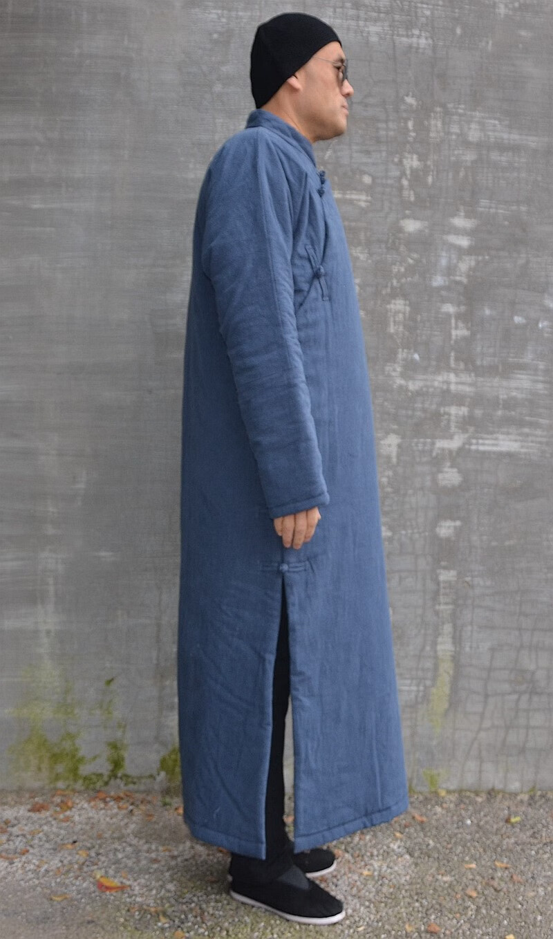 冬亚麻棉袍男立领棉衣中国风大码棉袄长款唐装盘扣大襟斜襟民国 黑色