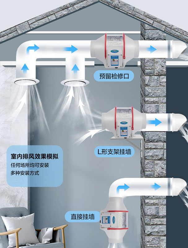 牧苓斜流增压管道风机家用厨房抽油烟卫生间换气扇室内吸烟甲醛排风扇