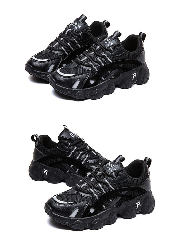 全黑鞋子女春秋上班轻便防滑软底久站不累脚工作纯黑色运动老爹鞋2032