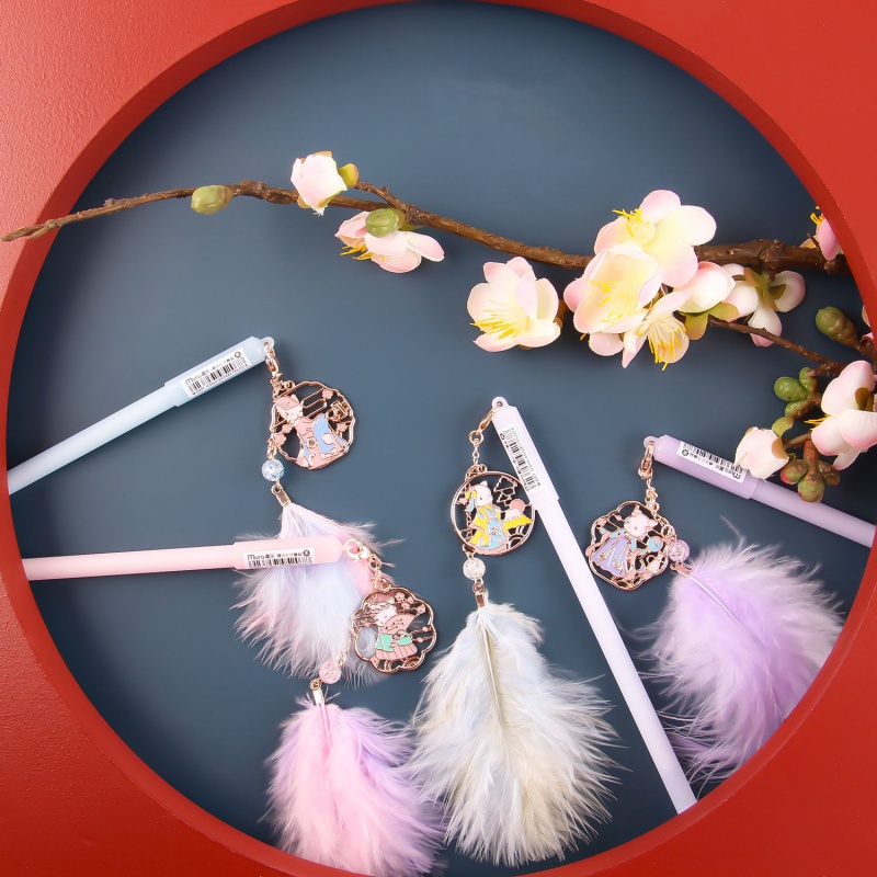 樱花吊坠少女心羽毛古风笔网红挂件吊坠笔可爱萌黑色水笔2支装梦幻