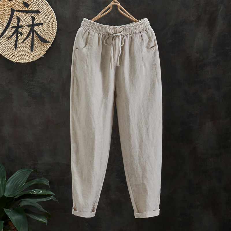 2022年春季新款亚麻麻裤子女宽松萝卜裤复古原创女士百搭哈伦九分裤
